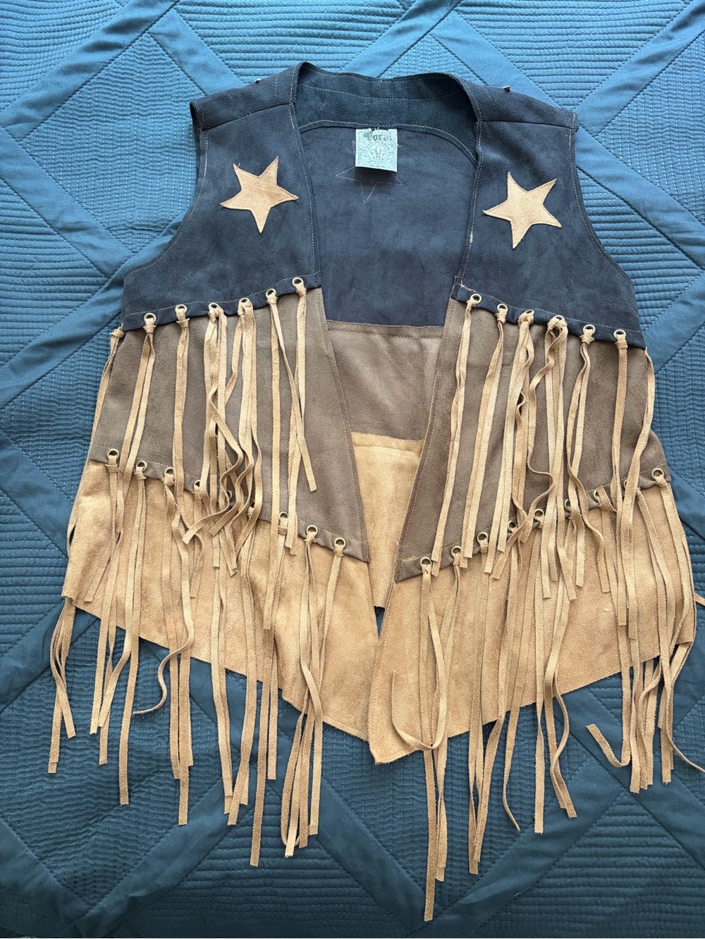 Vocal USA Western Fringe Vest Large Faux Suede Brown Blue Star Cowgirl Boho